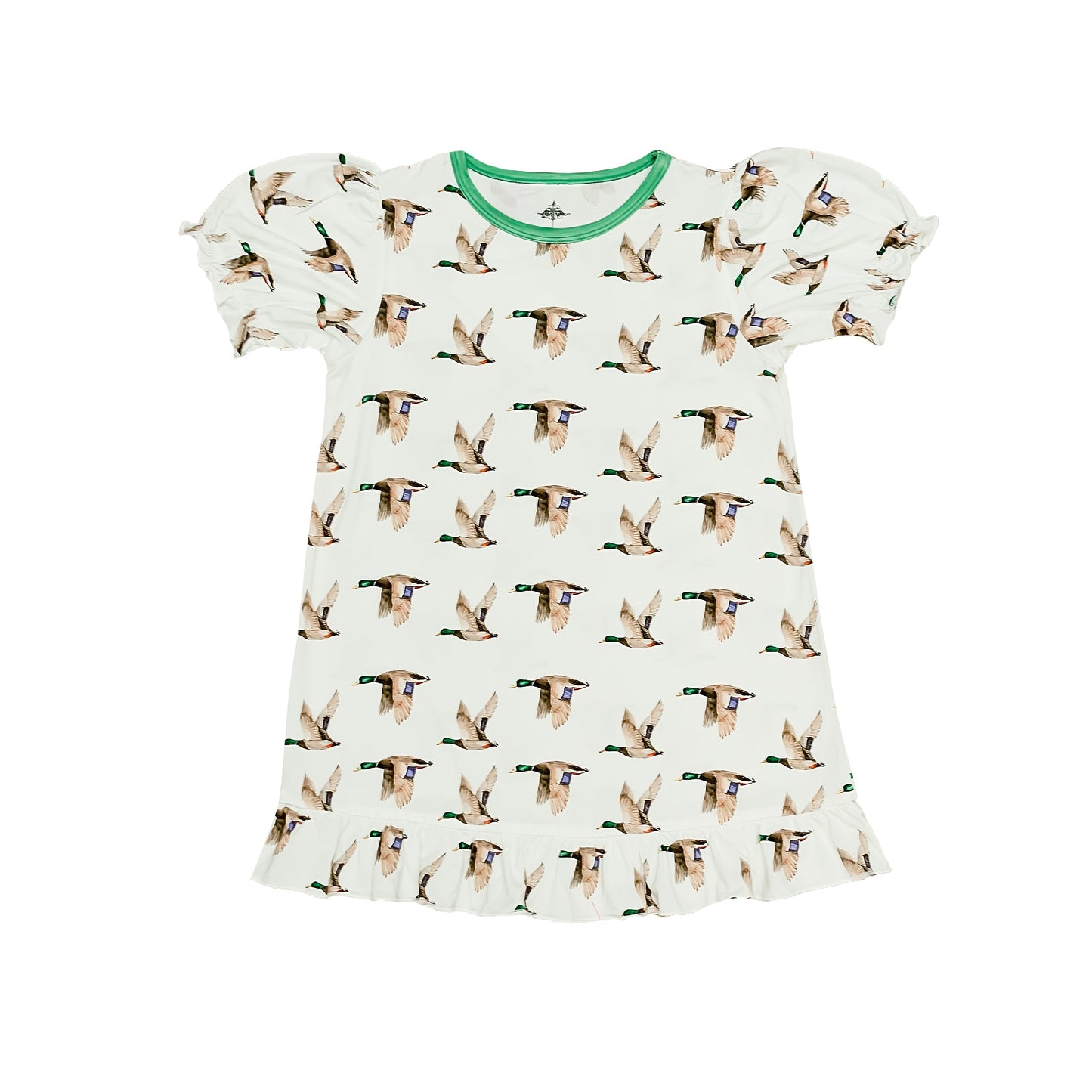 Mallard Play Dress with flying duck print and green neckline trim