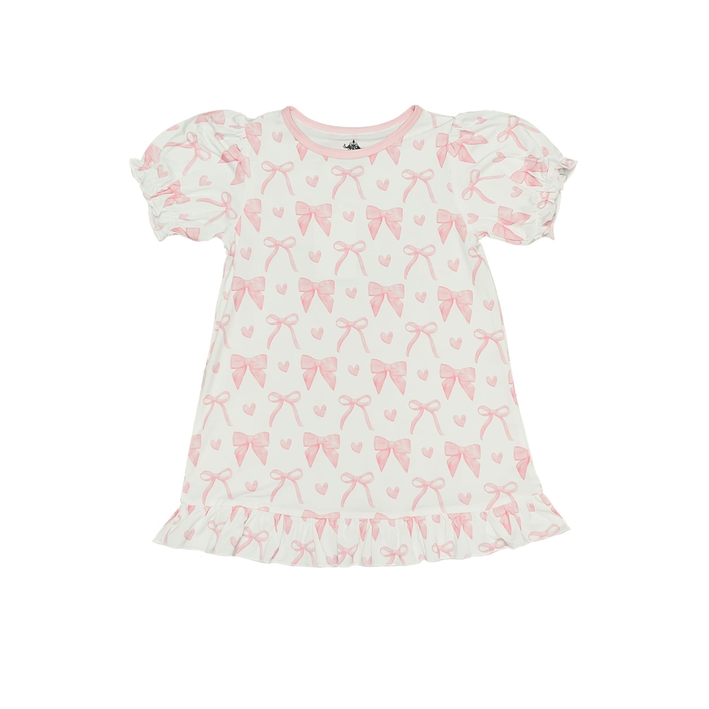 Bows Play Dress for girls with pink bow patterns and ruffled sleeves and hem