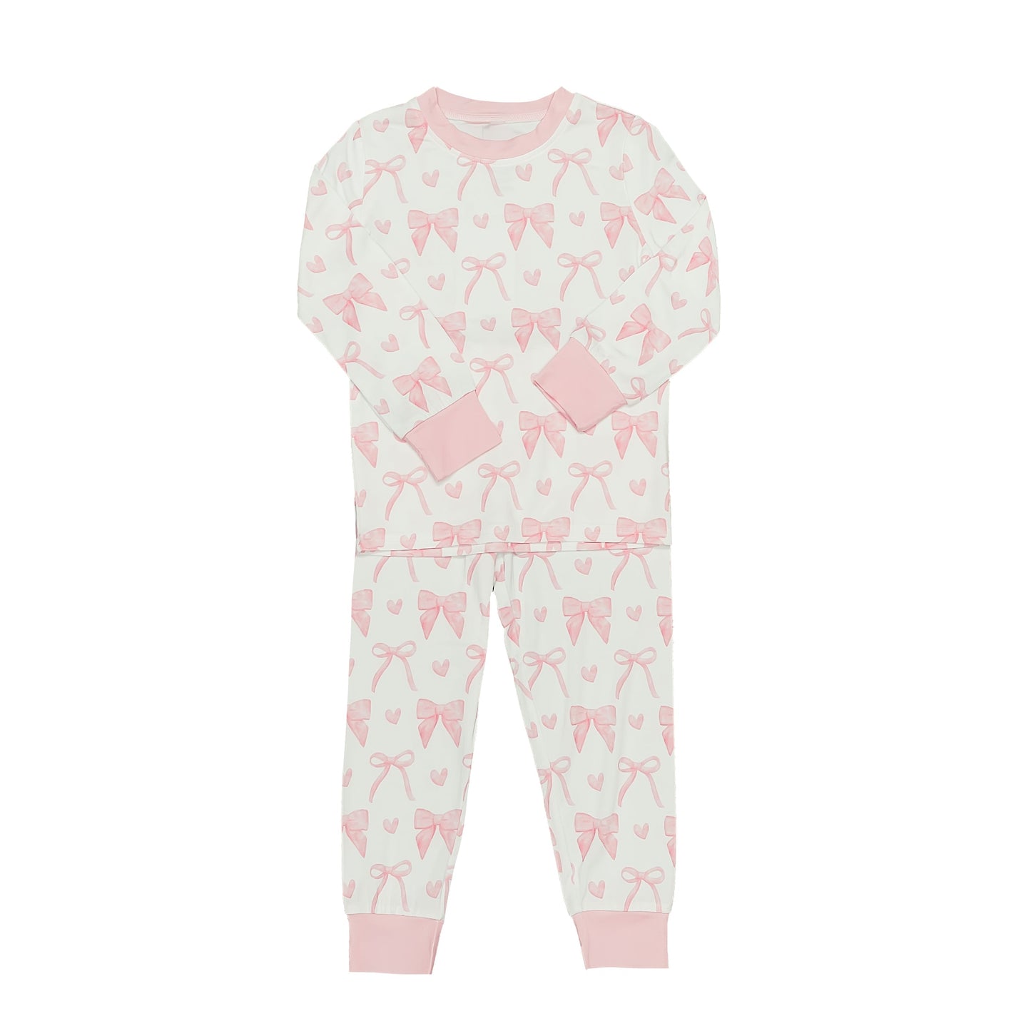 Bows Bamboo Pajamas in white with pink bow prints and pink cuffs, soft breathable fabric for comfortable sleep