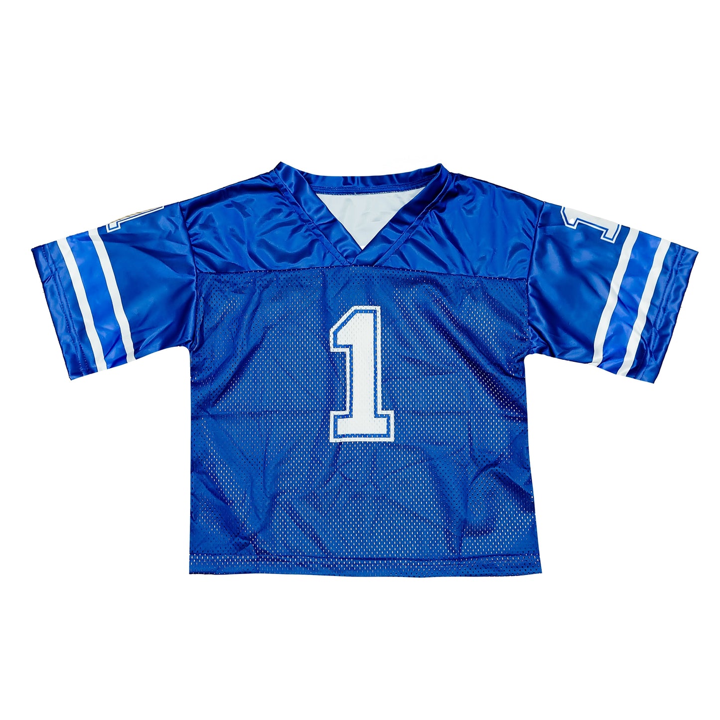 royal blue football jersey with number 1 and white stripes on sleeves
