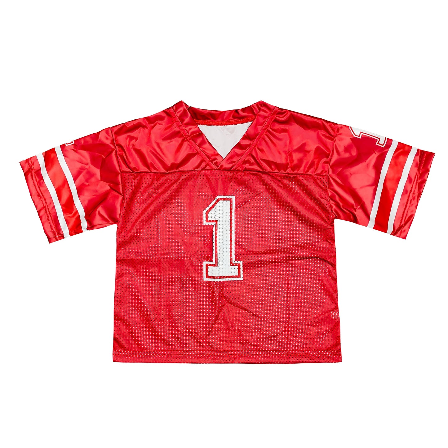 Red football jersey with number 1 and white stripes on sleeves designed for comfort and style
