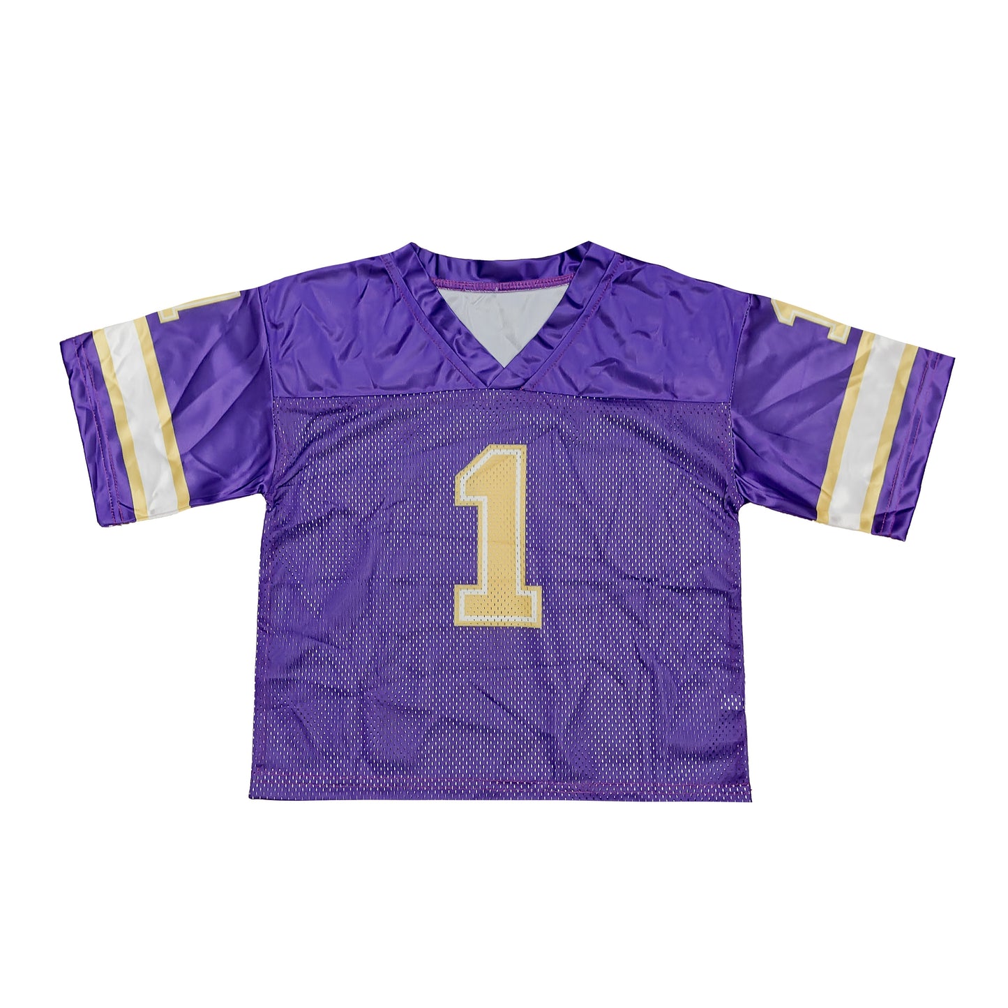 Purple football jersey with number 1 and white and yellow sleeve stripes, lightweight and breathable design