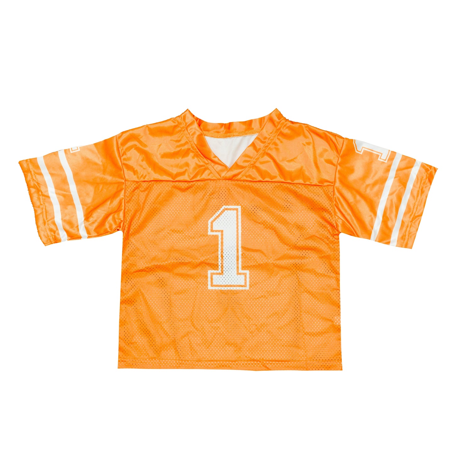 Bright orange football jersey with number 1 and white stripes on sleeves