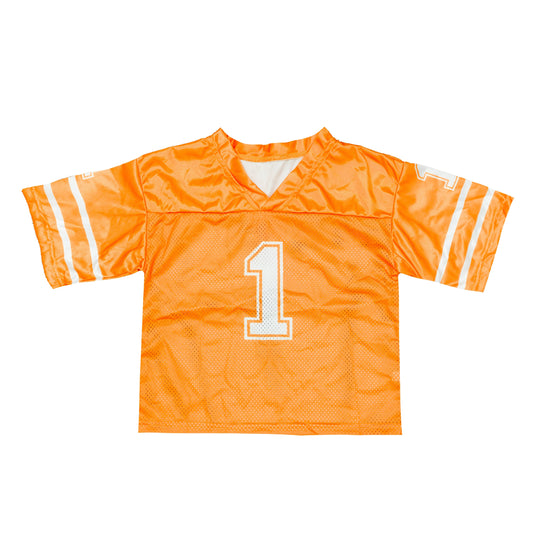 Bright orange football jersey with number 1 and white stripes on sleeves