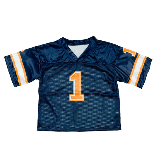 Navy and orange football jersey with number 1, comfortable and breathable game day wear