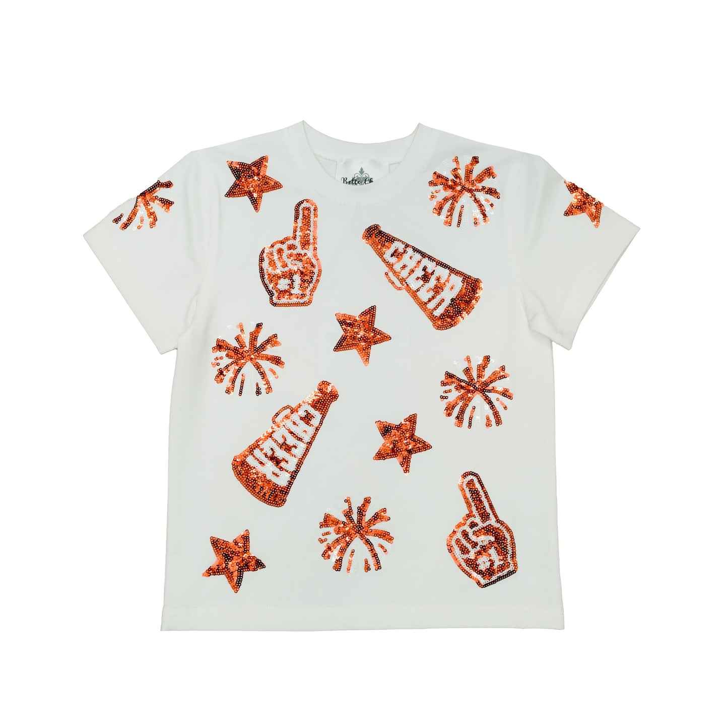 White kid shirt with burnt orange sequin cheer designs and stars Burnt Orange Cheer Shirt
