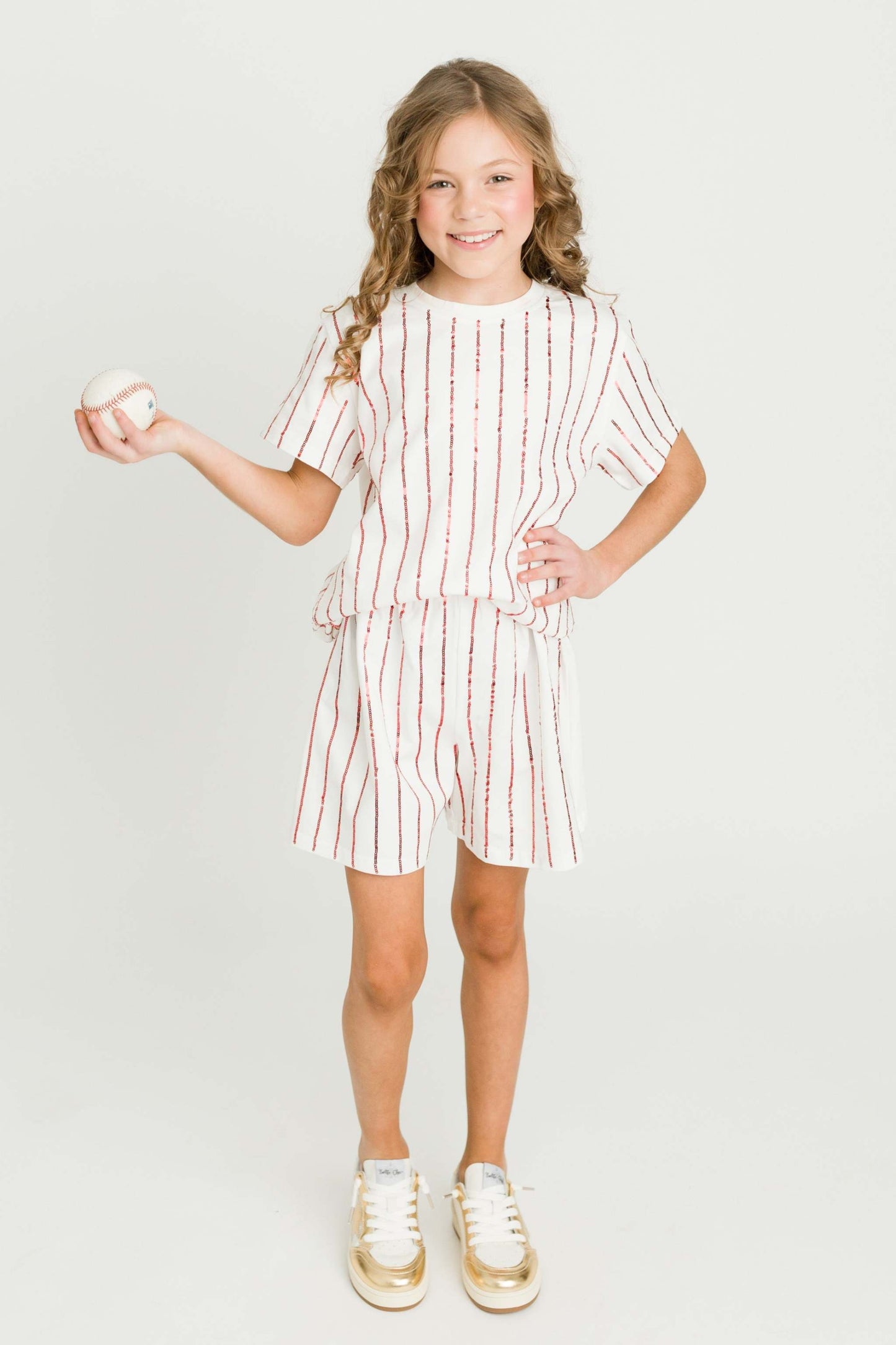Red Sequin Striped Kid Shorts
