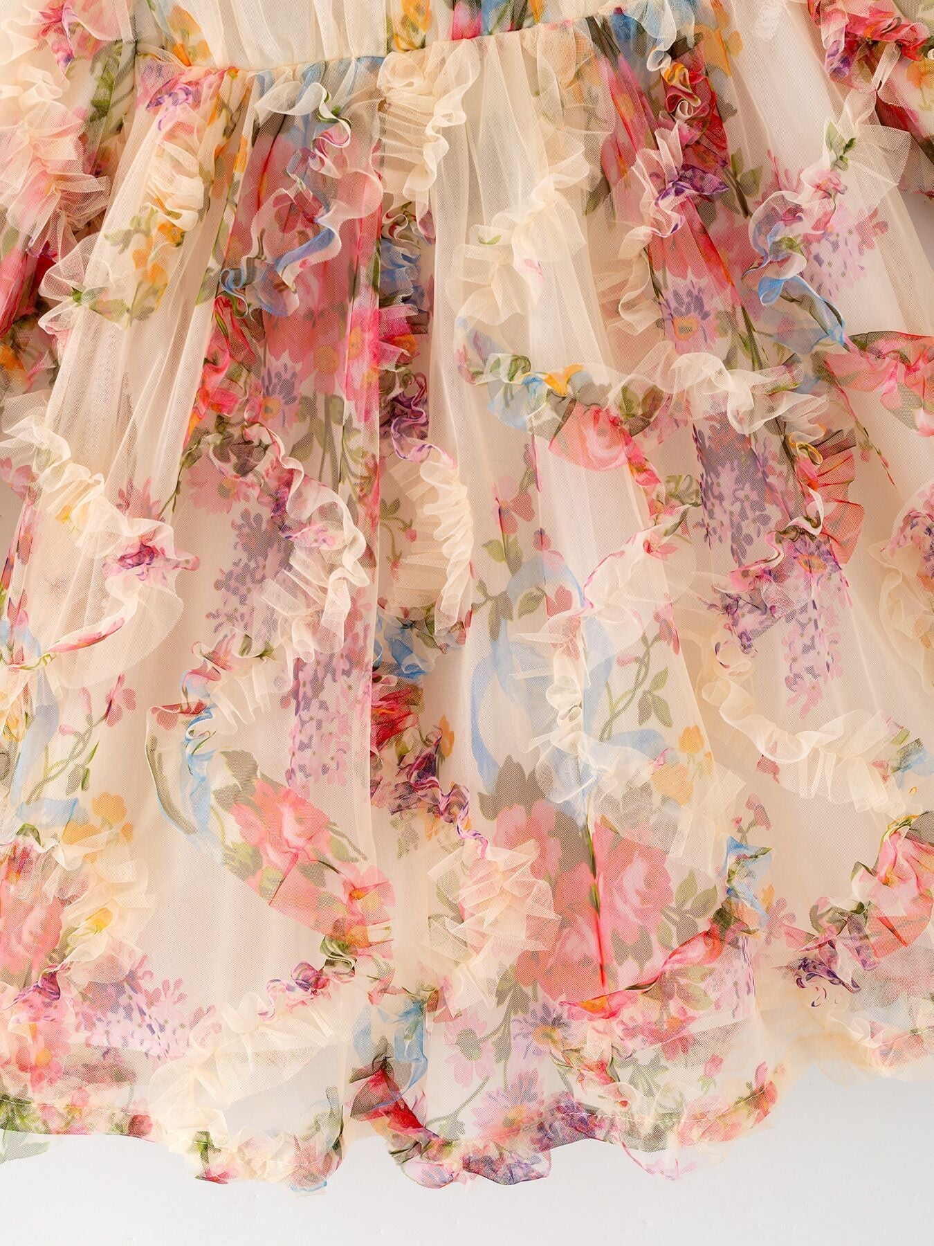 Pastel flower layered girls dress full length view
