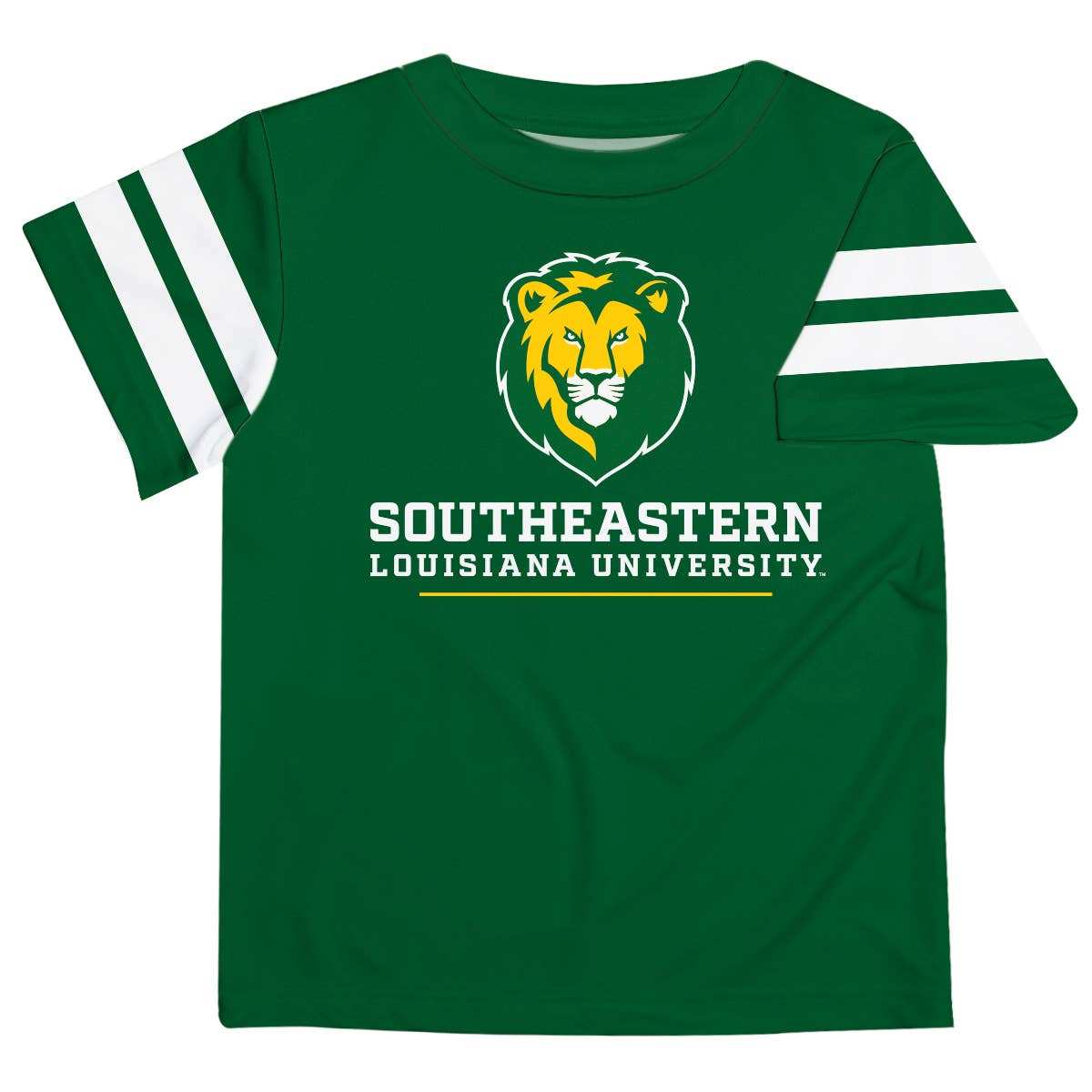 Green Southeastern Louisiana Lions T-shirt with white sleeve stripes and university logo, Vive La Fete performance moisture-wicking fabric