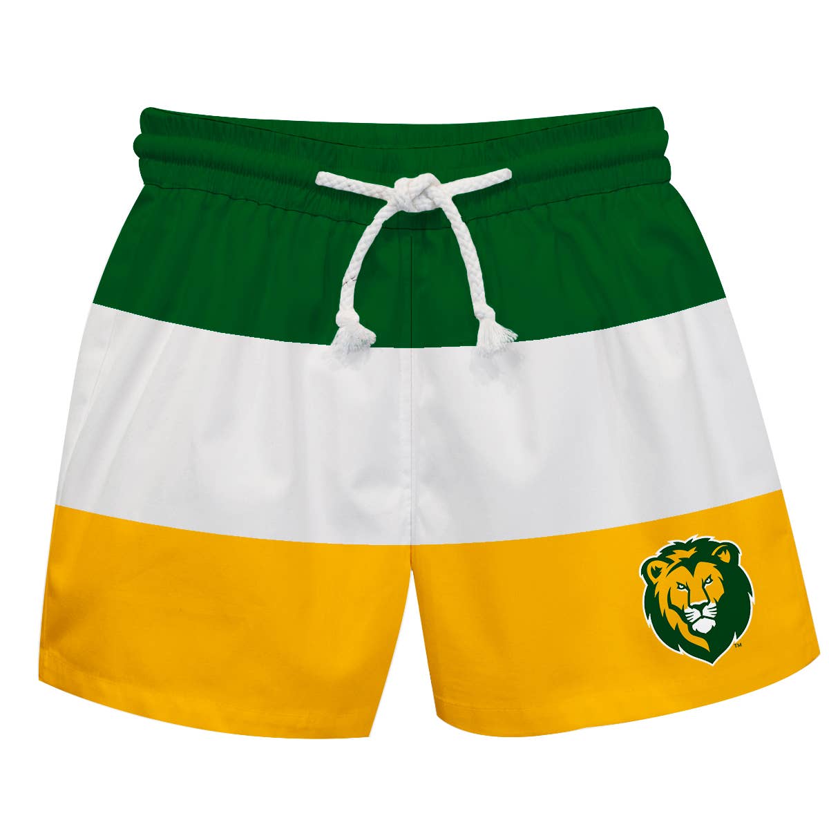 Vive La Fete Southeastern Lions swim trunks in green, white, and gold with lion logo and adjustable drawstring waistband
