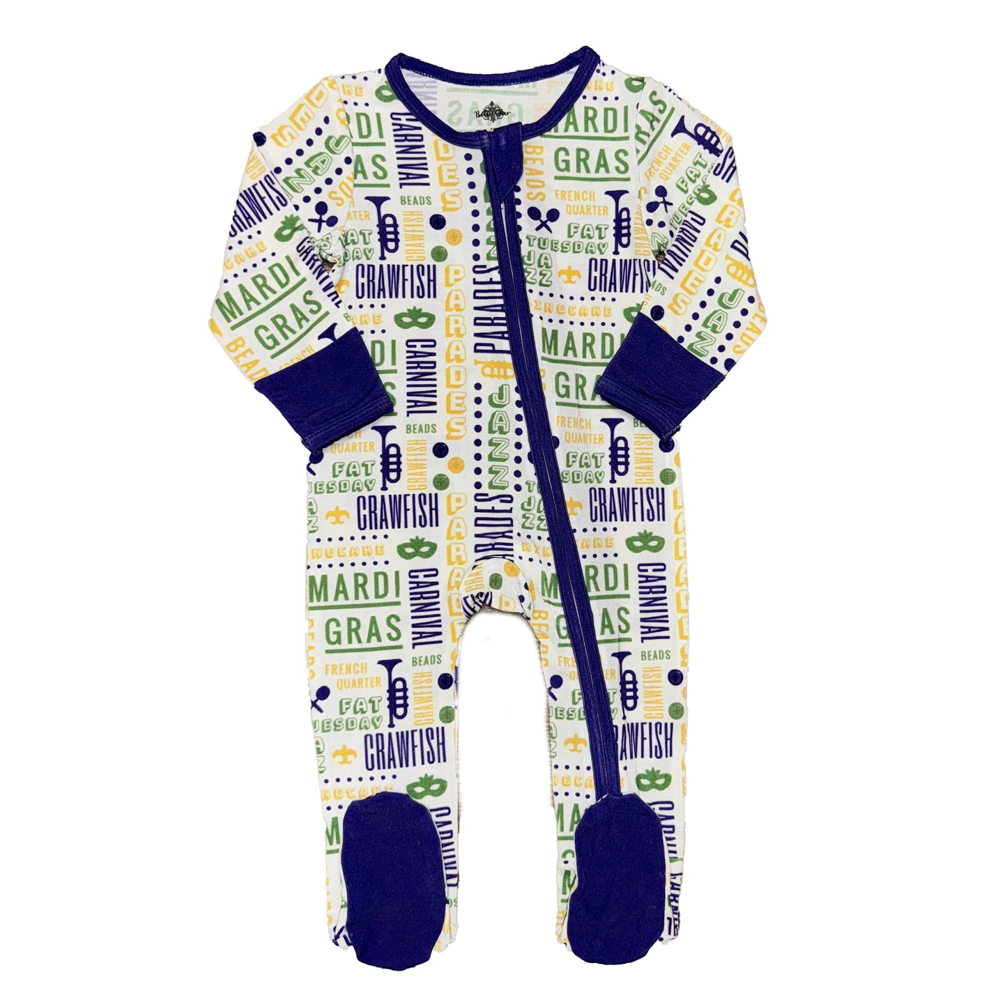 Baby pajamas with Mardi Gras and crawfish design on a white background