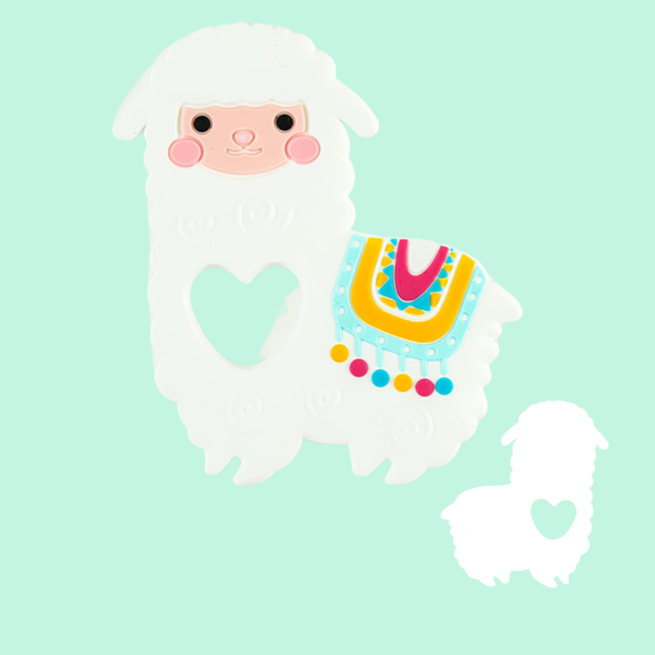 White alpaca-shaped silicone teething toy with colorful saddle and heart cutout, designed for babies.