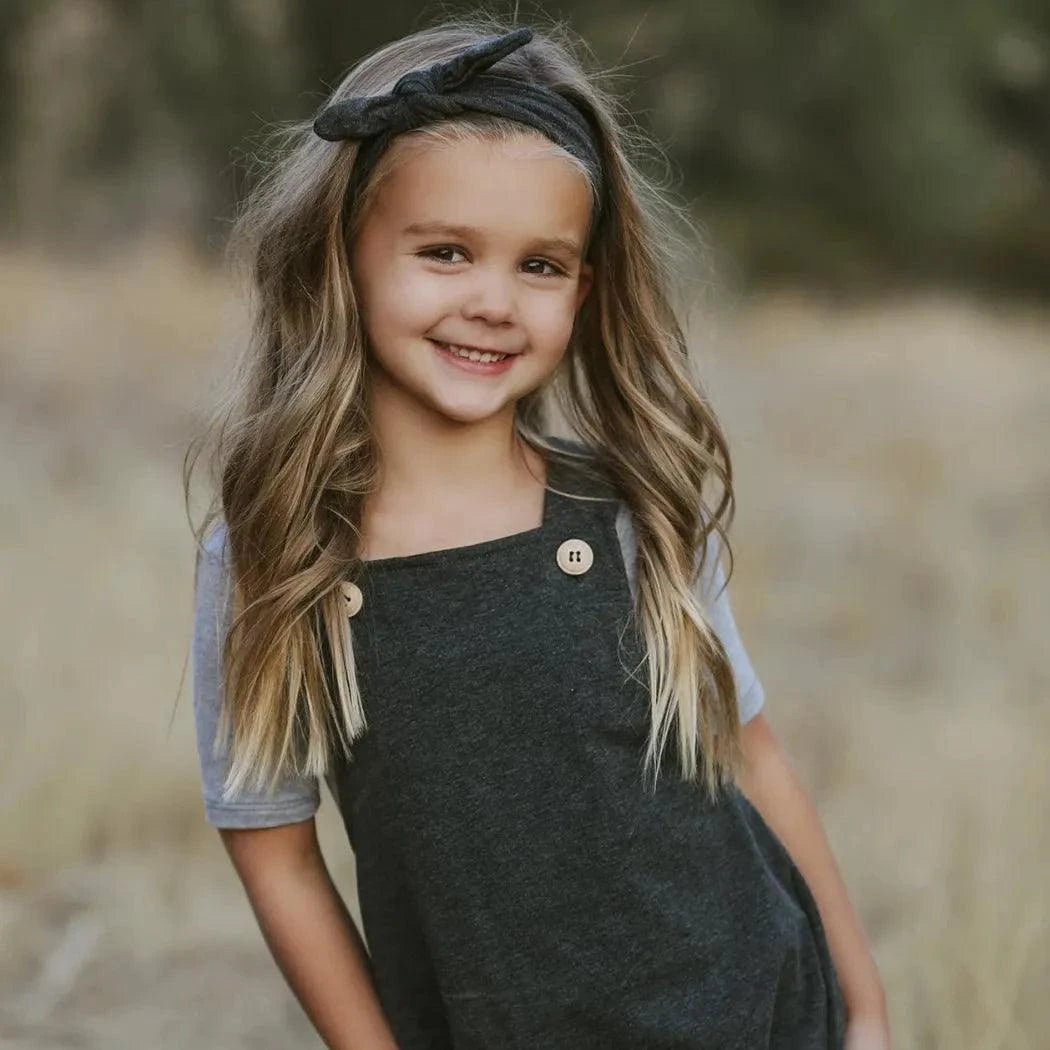 Atlas heathered coal romper wooden button detail
