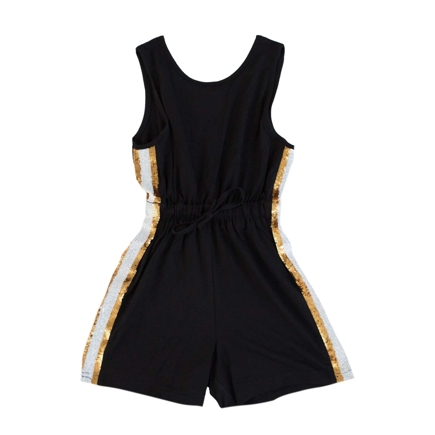 Black and gold striped sleeveless kid romper with elastic waist and shorts design