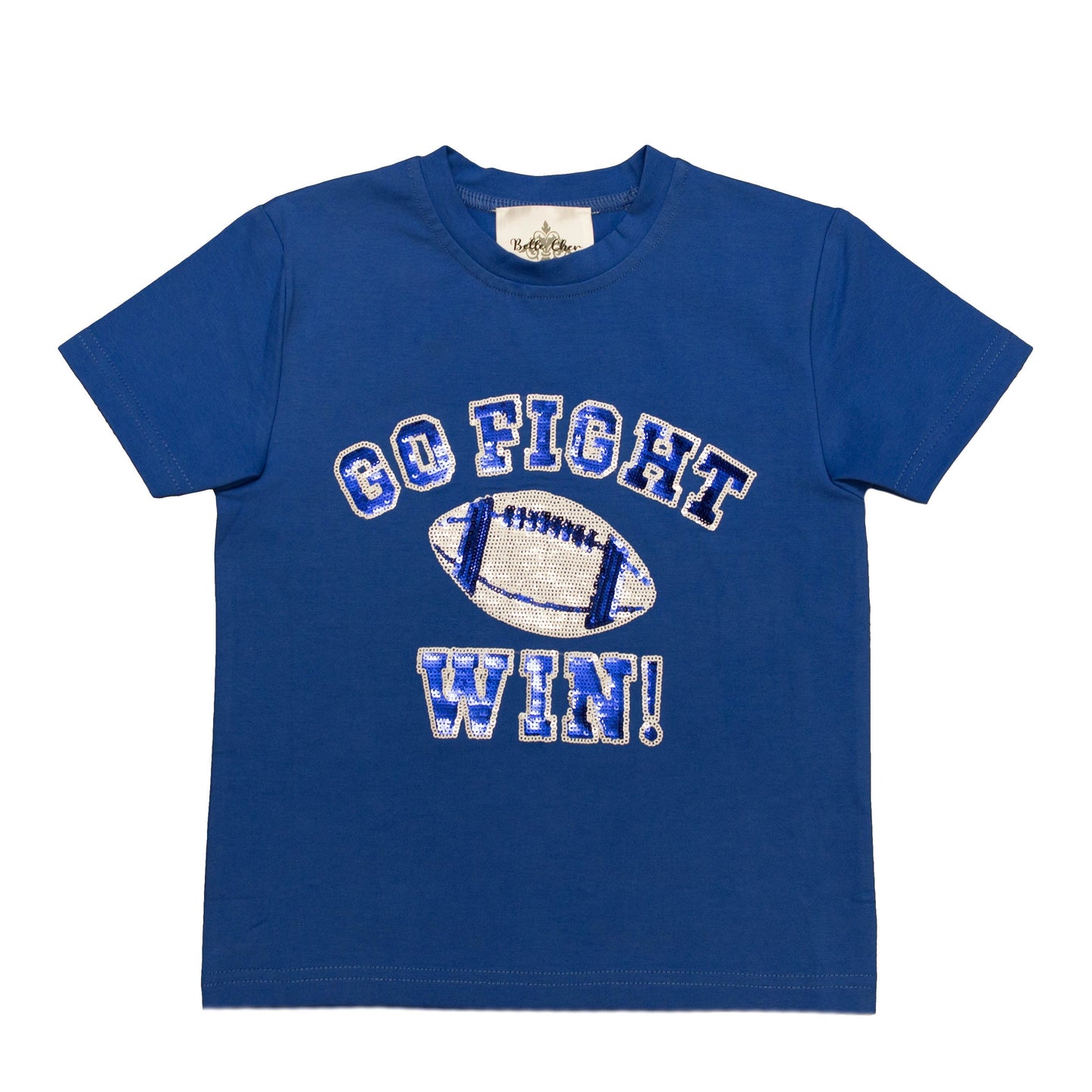 Royal blue and white sequin kid shirt with Go Fight Win football design