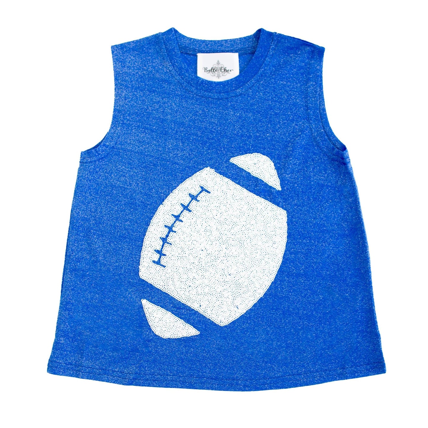 Royal blue glitter tank top with white football graphic for game-day style