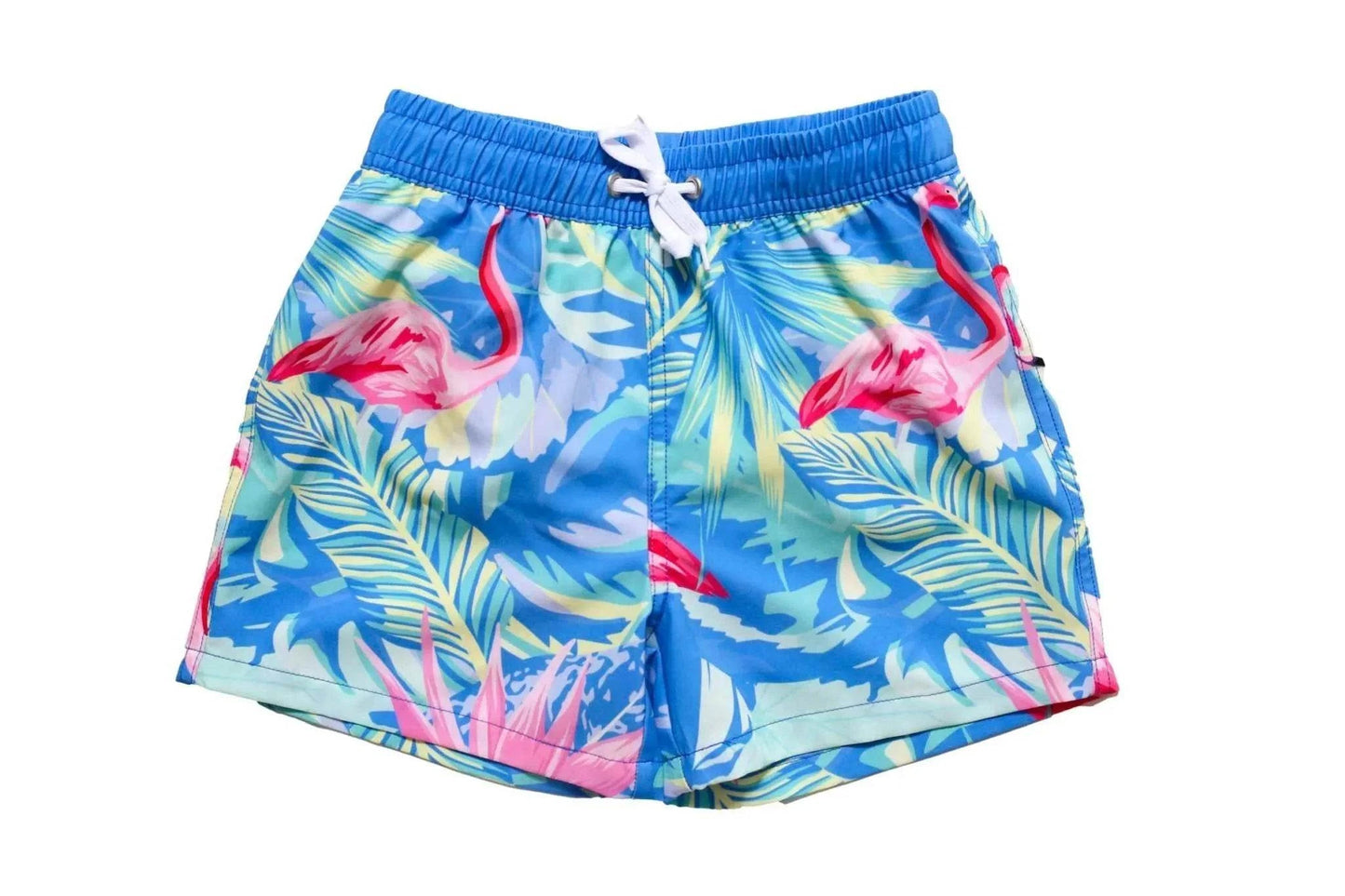 Indigo Flamingo Swim Trunks swimsuit detail view