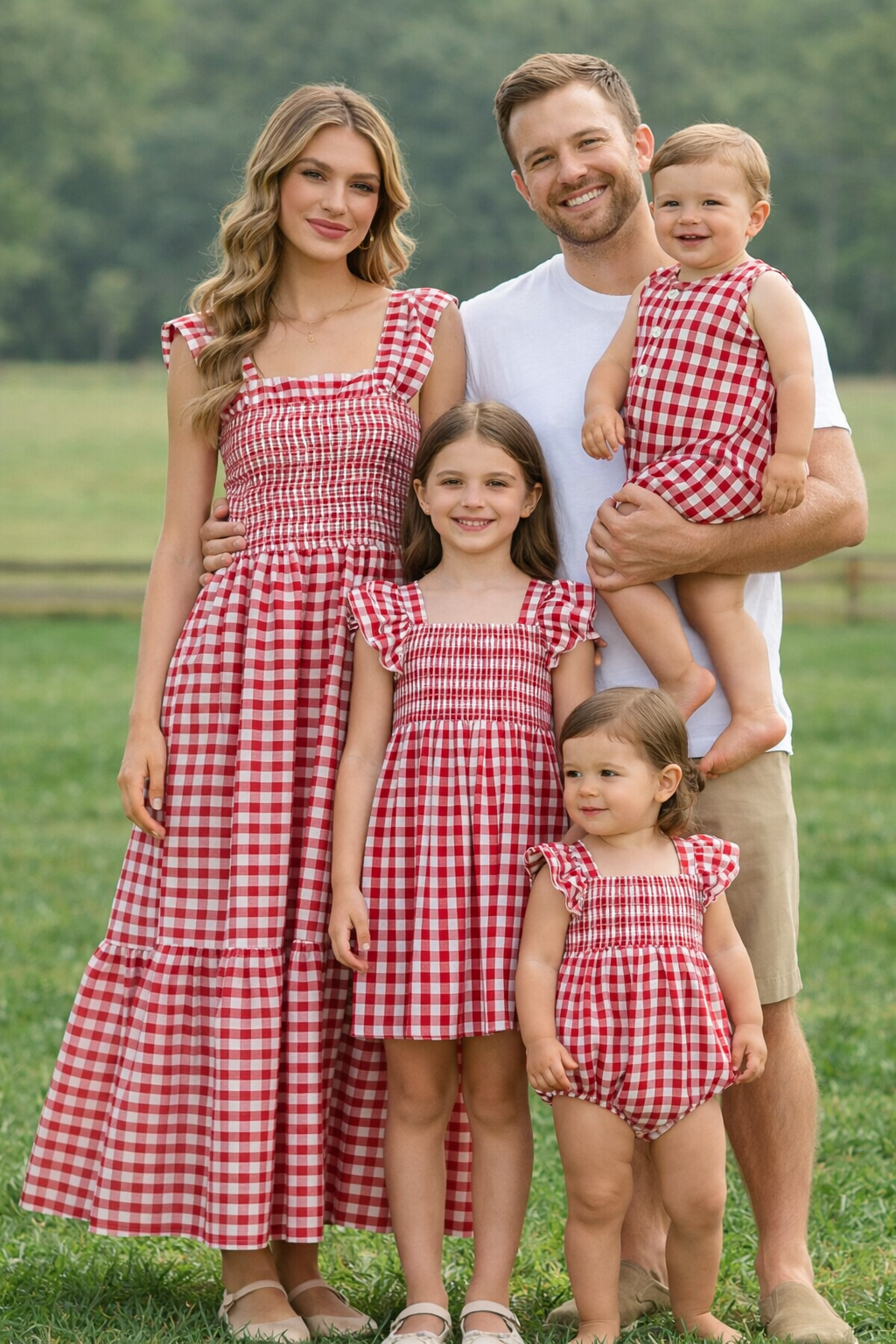 Summer Plaid Smocked Ruffle Girl Dress Sibling Outfits full length view