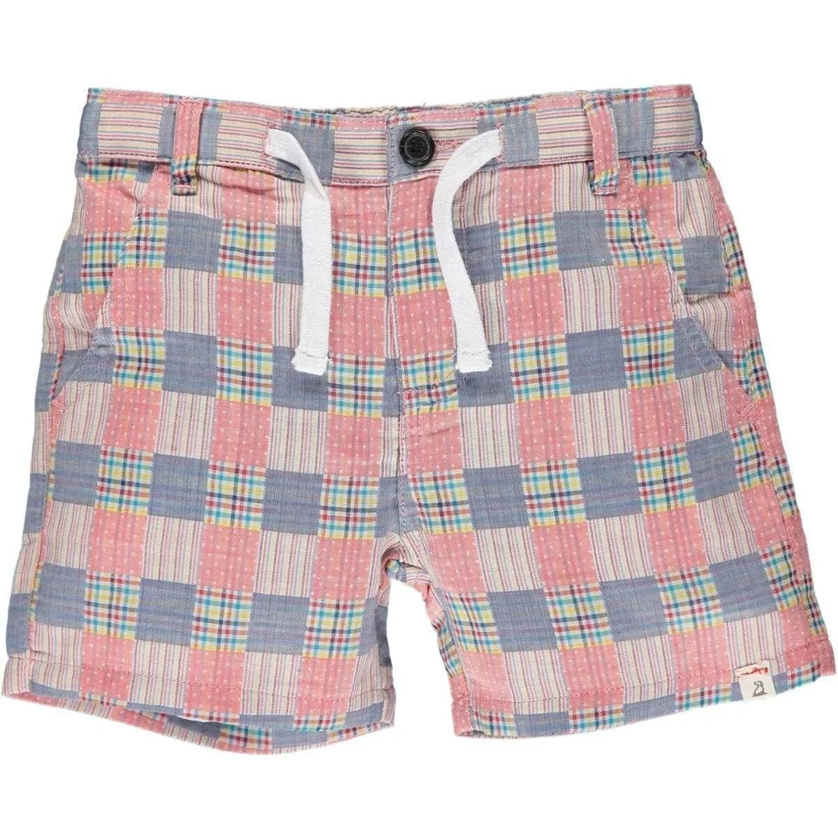 Coral patchwork plaid shorts front view