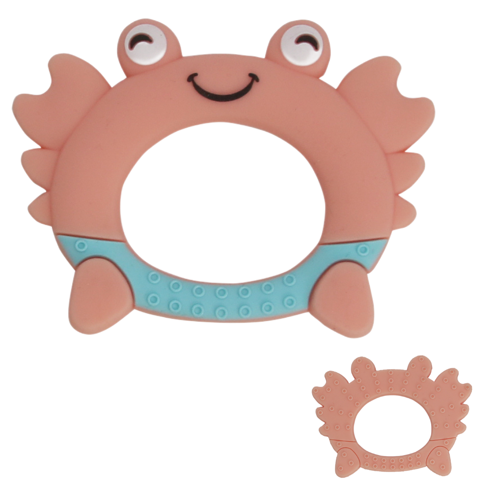 Crab-shaped silicone teething toy with multi-texture surface and easy-grip handle for babies