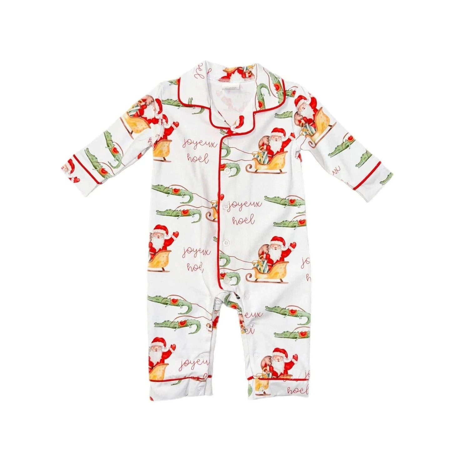 Cypress Row Childrens Joyeaux Noel Classic Romper Lounge with festive Santa print for holiday comfort