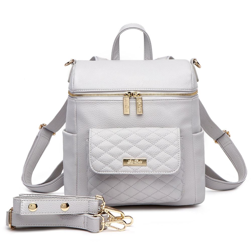 Stone grey Petit Monaco Diaper Bag made of vegan leather with satin interior, featuring insulated bottle compartment and convertible strap options.