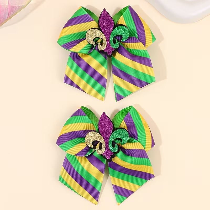 2pc Mardi Gras Fleur De Lis Hair Bow Clips - Classic Stripe accessories full length view
