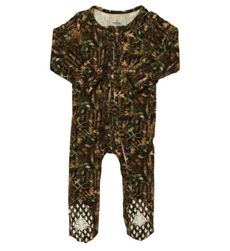 Oak Camo Romper soft bamboo fabric infant onesie with camouflage print and footed legs