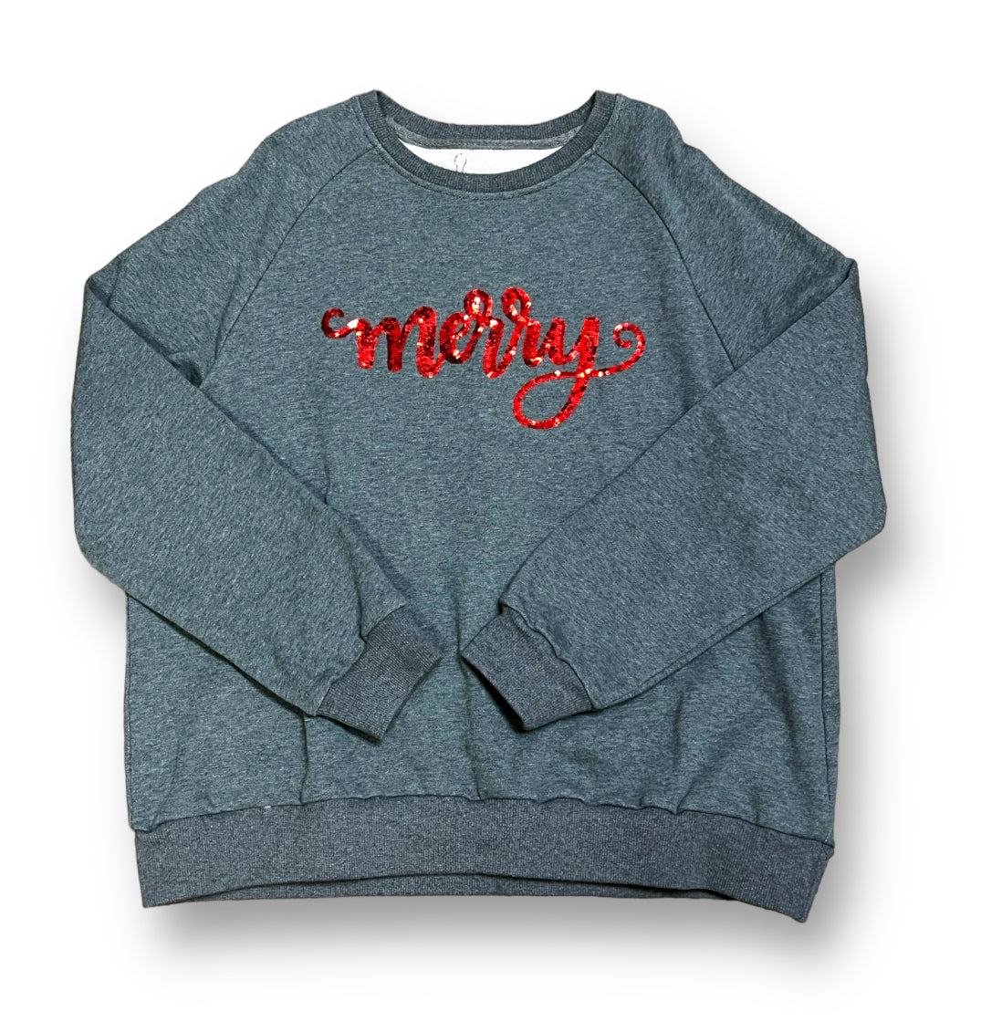 Grey sweatshirt with red sequin "merry" text festive holiday design