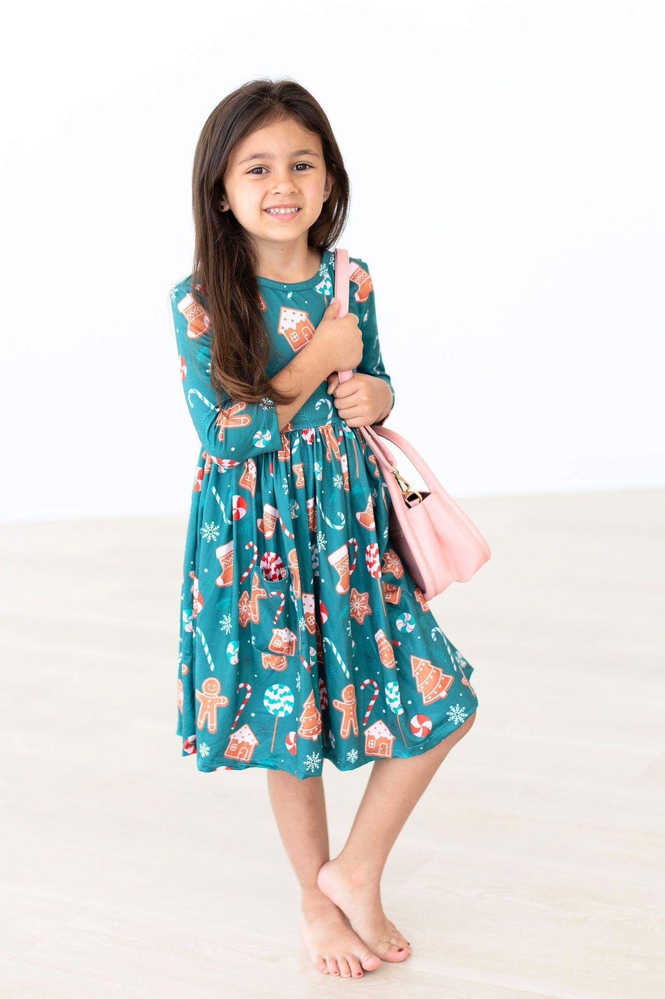 Gingerbread House 3/4 Sleeve Pocket Twirl Dress