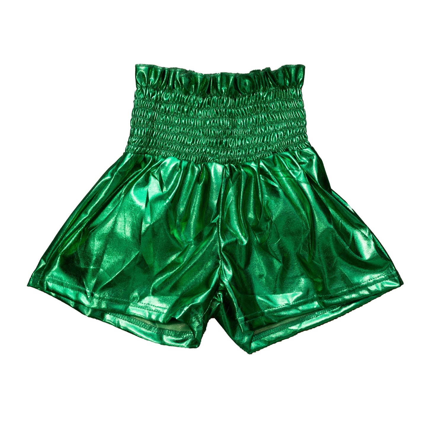 Green metallic swing shorts with elastic waistband and shiny finish