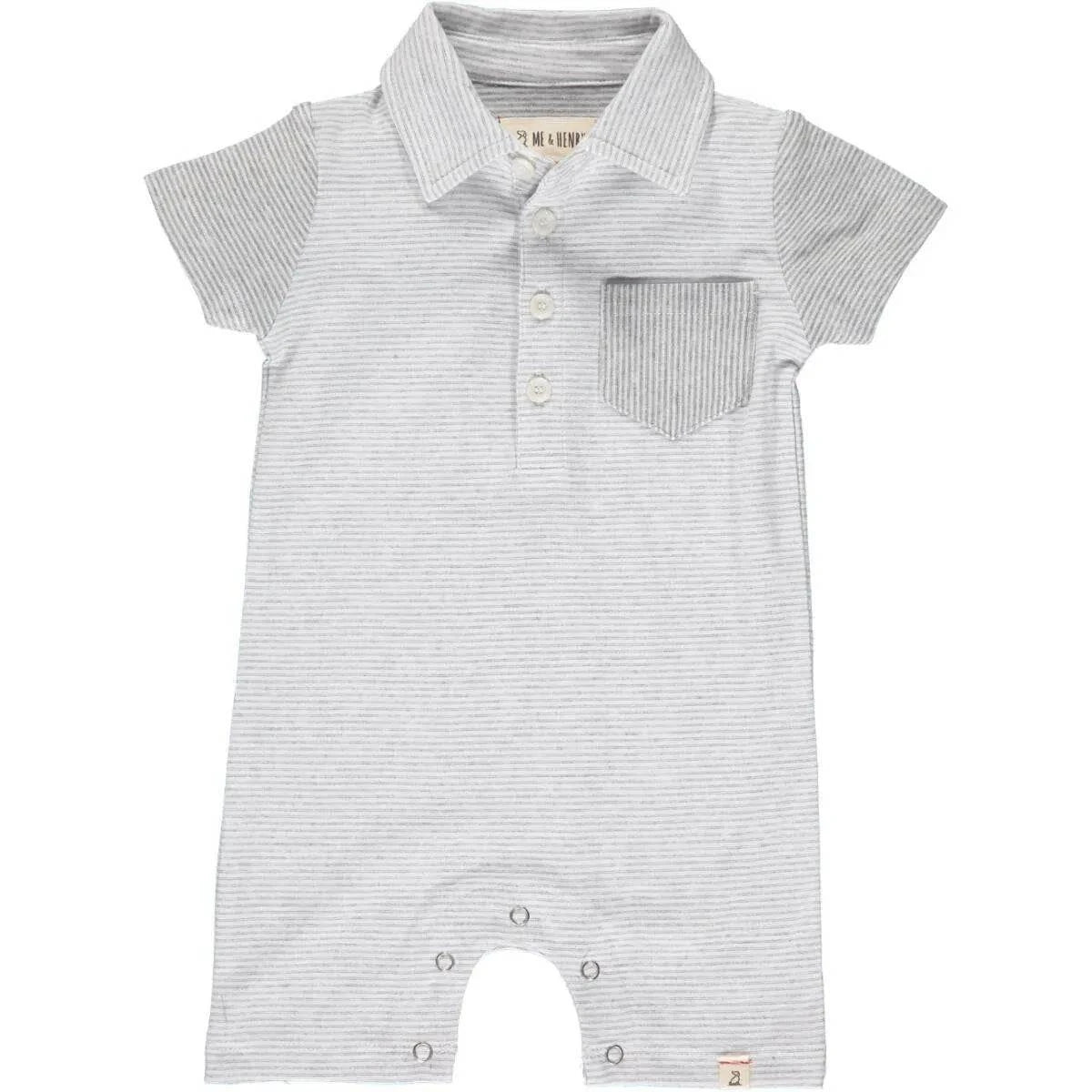 Grey and white micro stripe polo romper front view