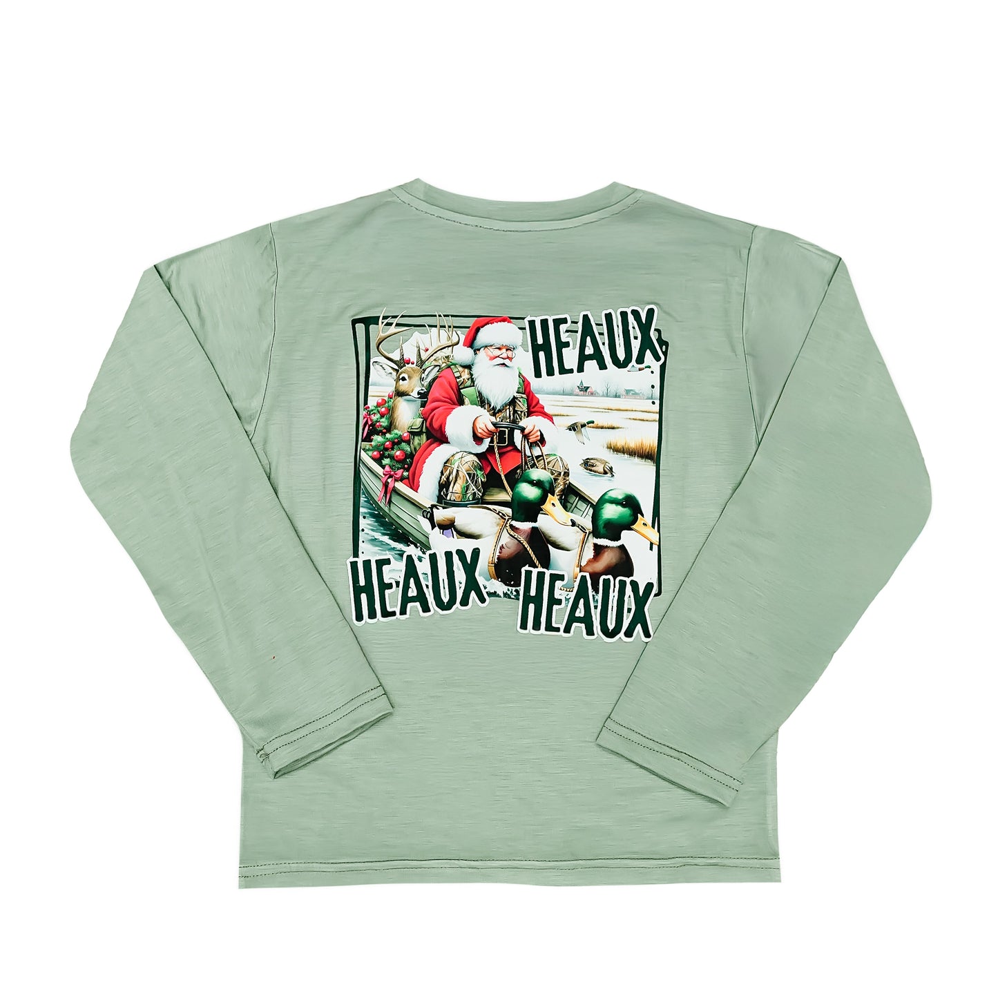Light green long-sleeve shirt with a graphic of Santa Claus and two children in a boat, with 'HEAUX' branding.