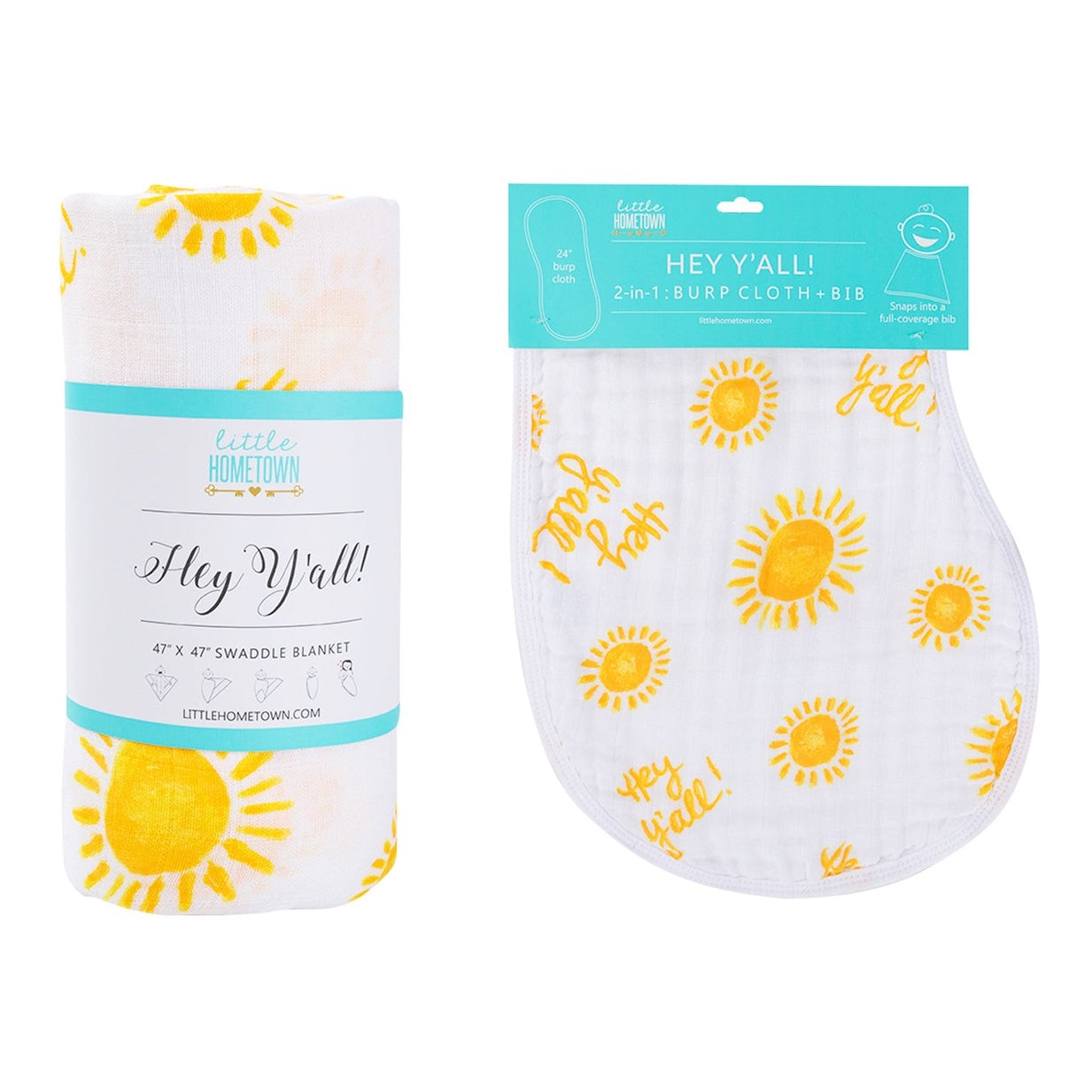 Gift Set: Hey Y'all Baby Muslin Swaddle Blanket and Burp Cloth/Bib Combo back view
