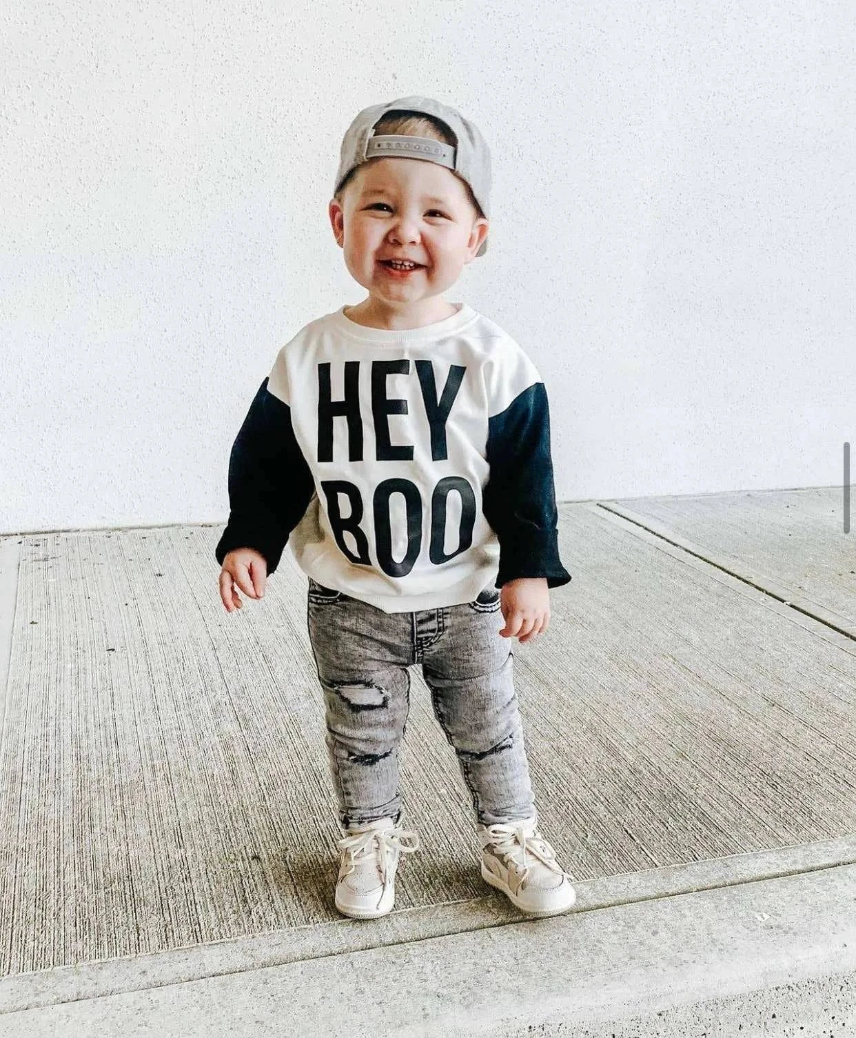 Hey Boo Kids Halloween Sweatshirt top fabric and material close-up