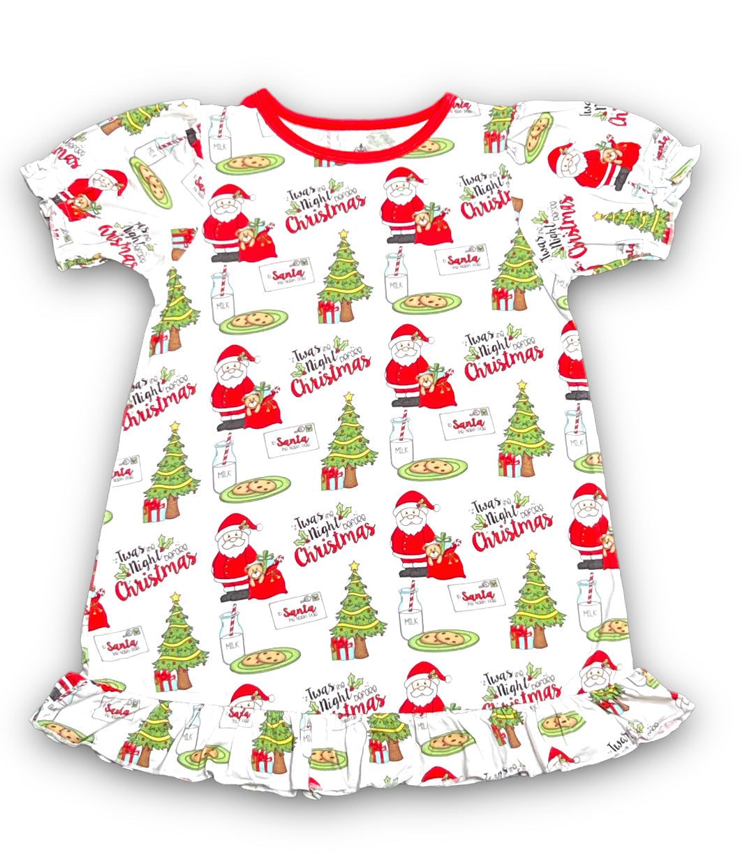 Twas the Night Play Dress featuring Santa and Christmas tree print in soft stretchy bamboo viscose material