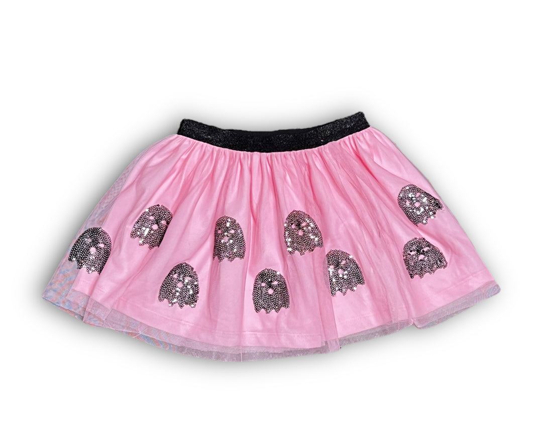 Pink kids tutu with black sequin ghost designs and black waistband
