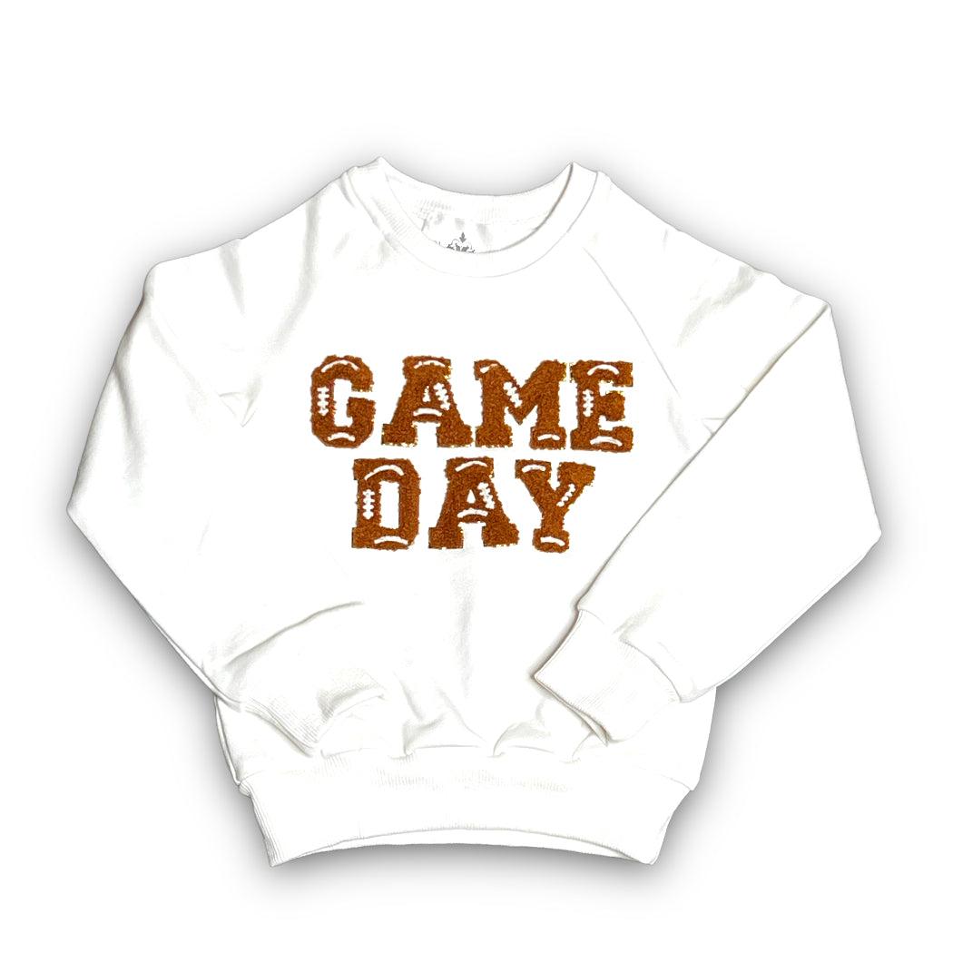 White kid sweatshirt with brown chenille "GAME DAY" text design