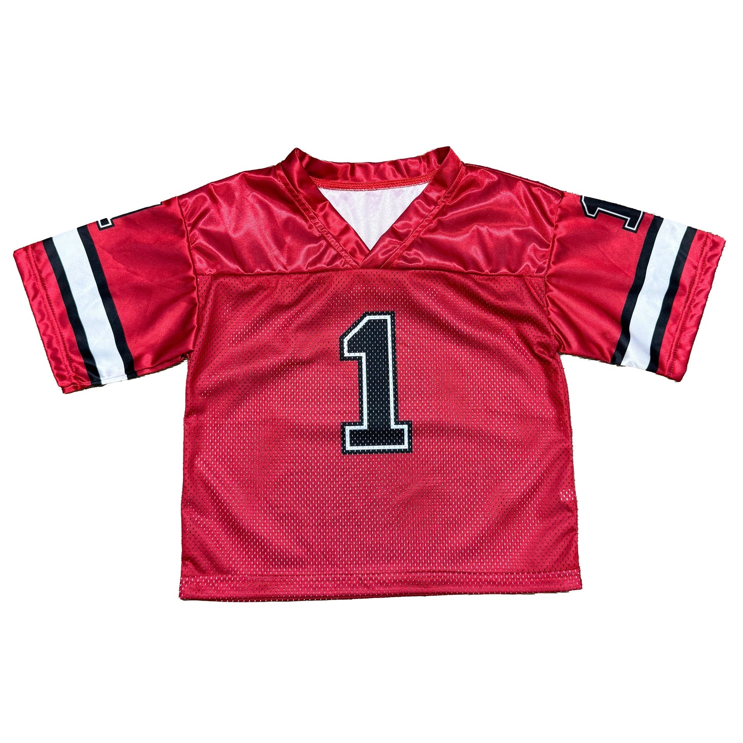 Red and black football jersey with number one and breathable fabric for comfort