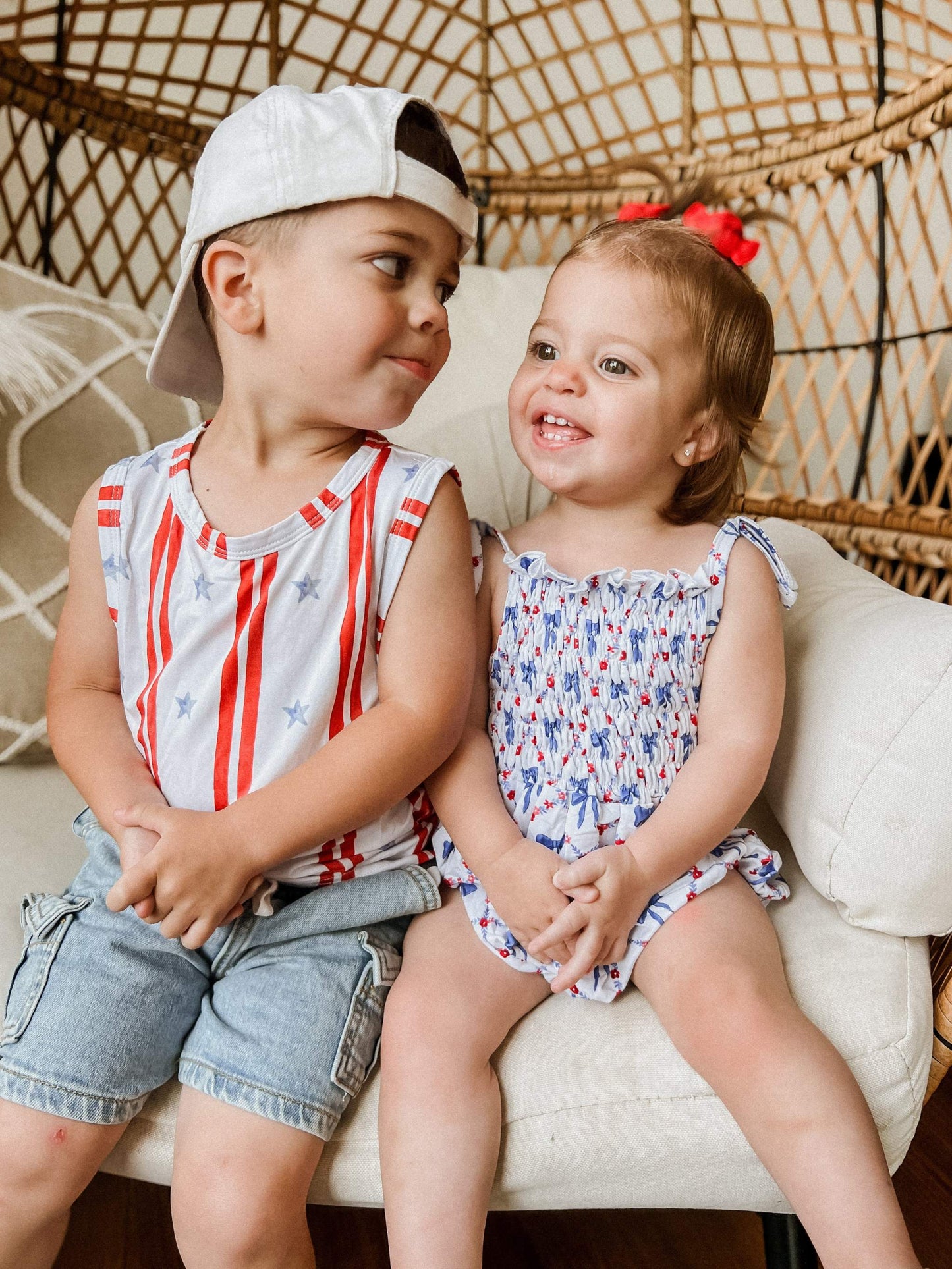Smocked Red, White and Bows Bamboo Bubble Romper detail view