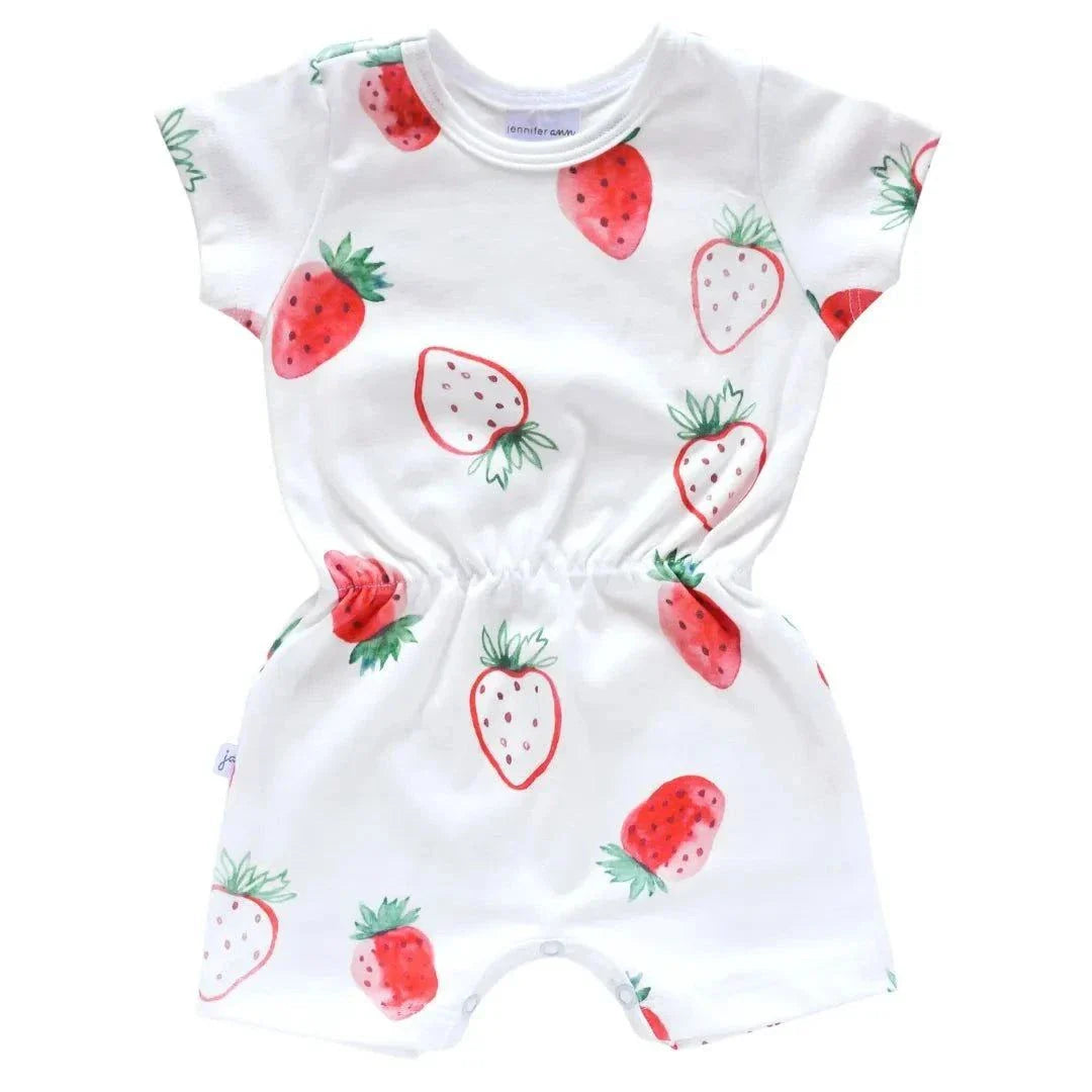 Baby wearing Jennifer Ann cinched sleeved romper with strawberry print and elastic waist