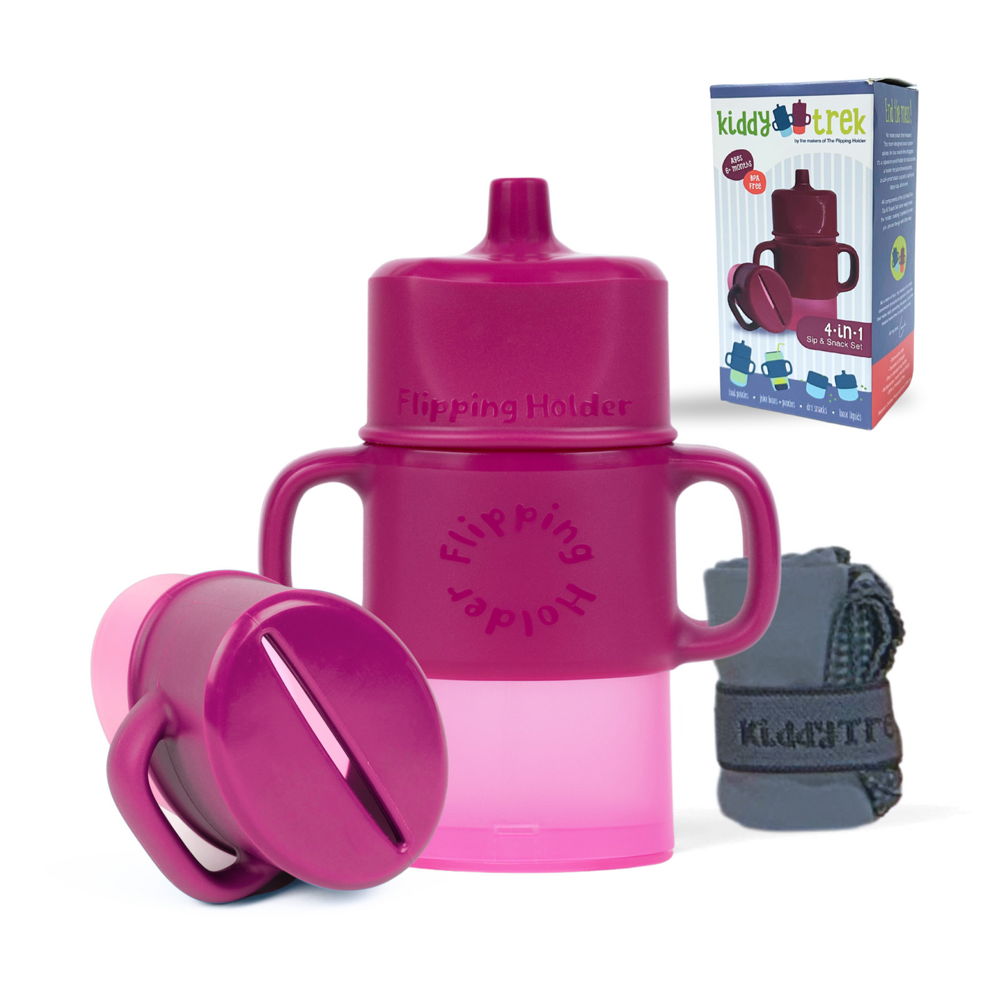 KiddyTrek 4-in-1 Sip & Snack Set - Food Pouch & Juice Box Holder, Snack Cup, Sip Cup ALL nursing & feeding close-up detail