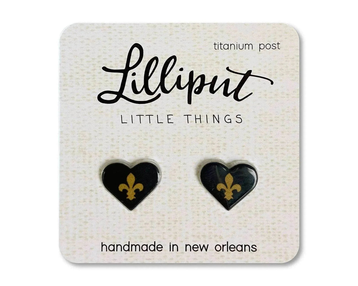 Black and gold Fleur de Lis heart earrings with medical-grade titanium posts and high-gloss finish