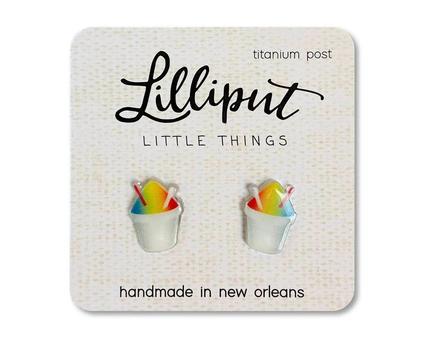 Handcrafted Snoball earrings with vibrant colors, hypoallergenic titanium, and rubber backs for sensitive ears