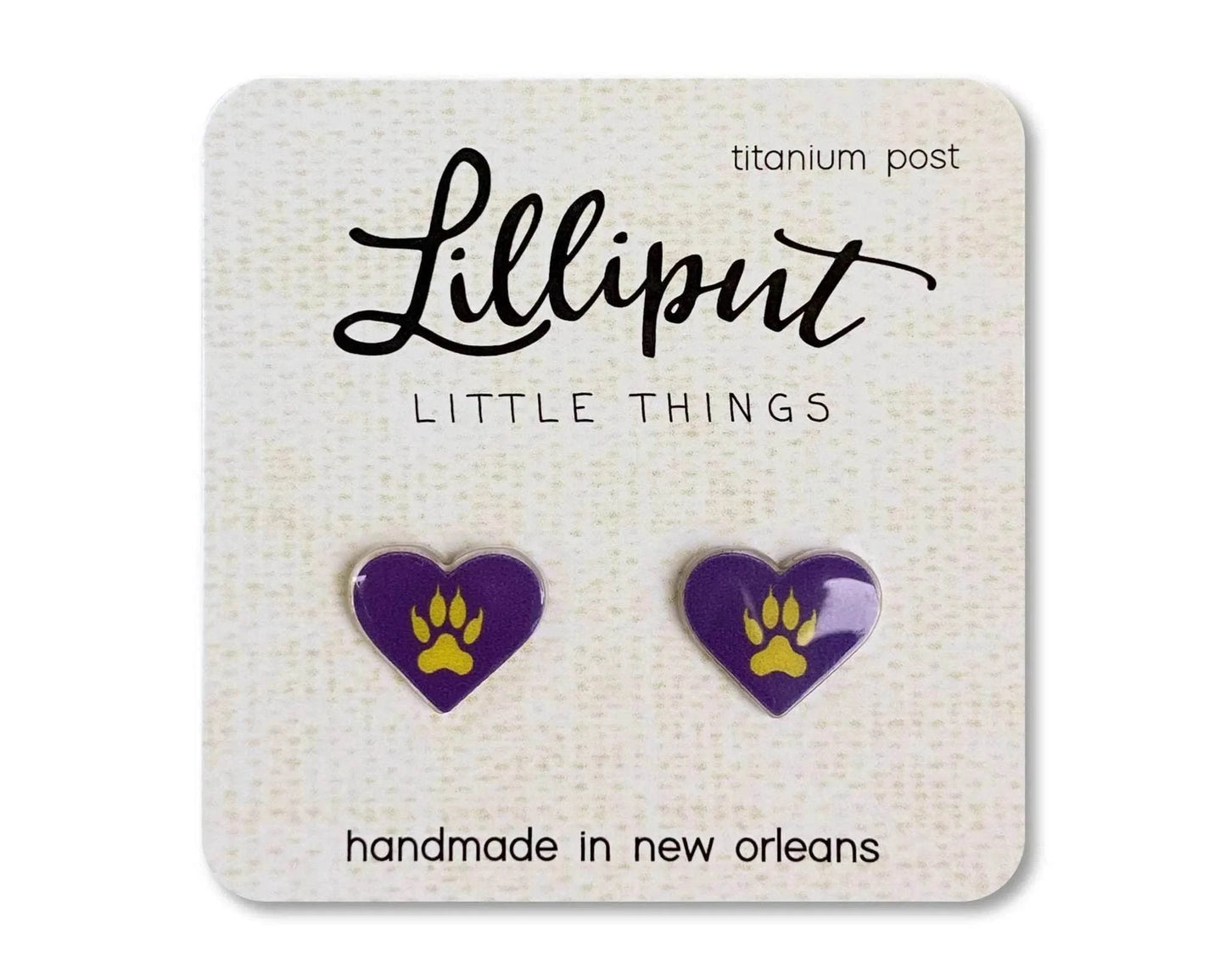 Lilliput Little Things Tiger Paw Heart earrings with titanium posts and waterproof design
