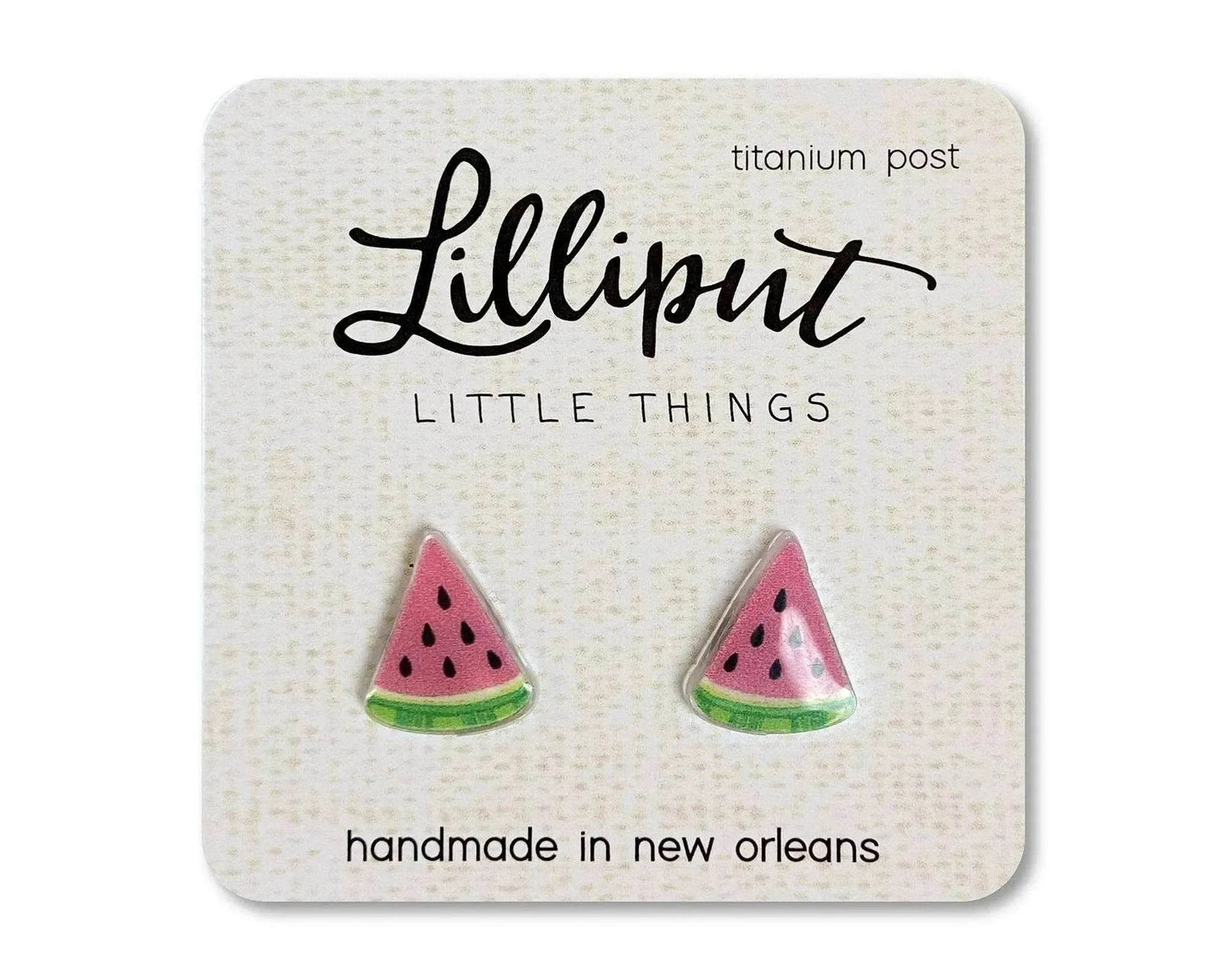 Lilliput Little Things watermelon fruit titanium earrings with rubber backs for sensitive ears
