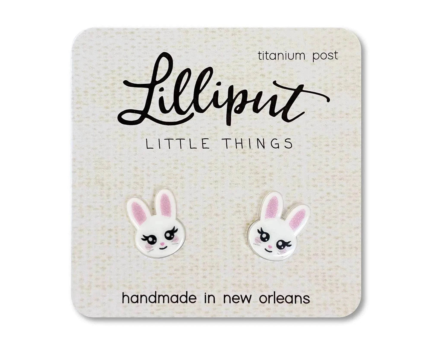 Lilliput Little Things white bunny earrings with titanium posts and waterproof design
