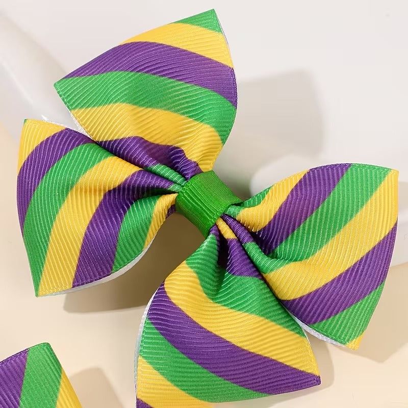 2pc Mardi Gras Hair Bow Clips - Green, Yellow & Purple Stripe accessories print and pattern detail