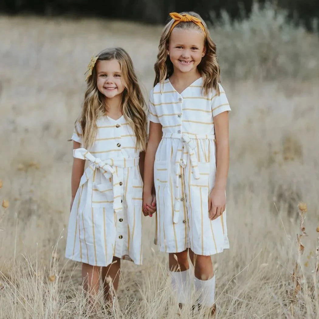 Marlow mustard stripe dress waist tie detail