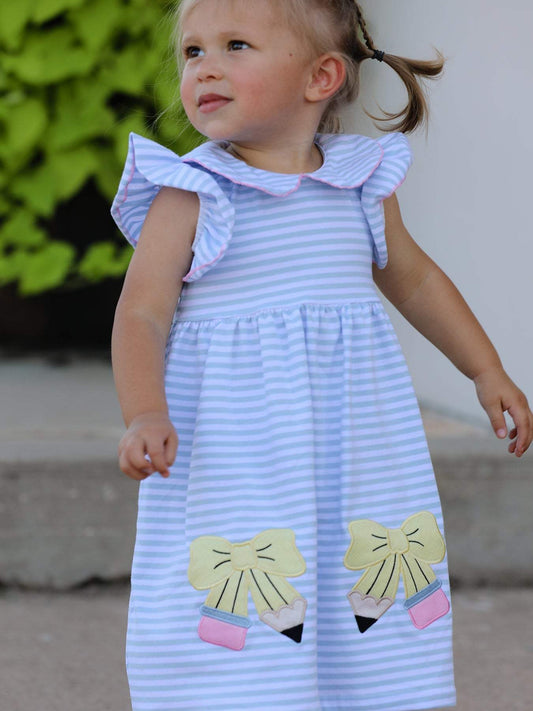 Pencil appliqué detail on back to school girls dress